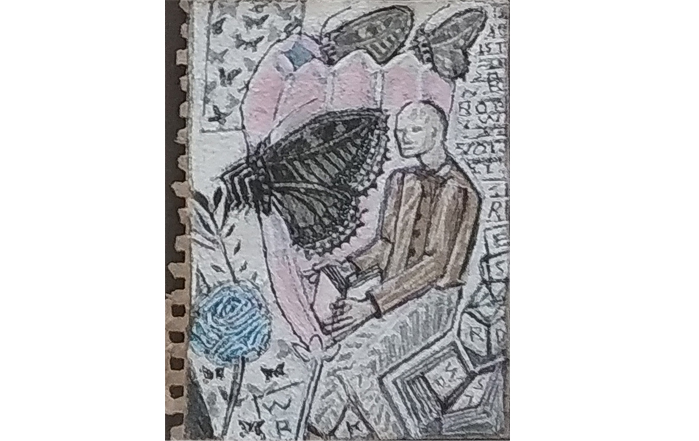 C.Douglas
CD09
Poet and Butterflies- IV 
Mixed media on paper 
6 x 5 inches 
Available